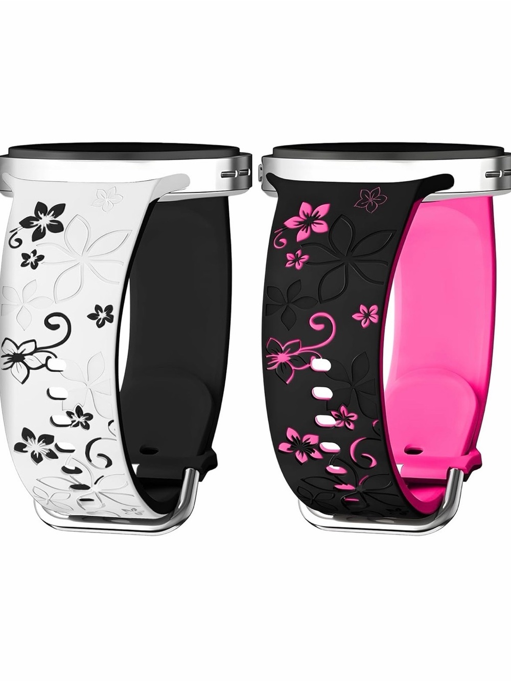 Floral Silicone Watch Bands - White & Black/Pink